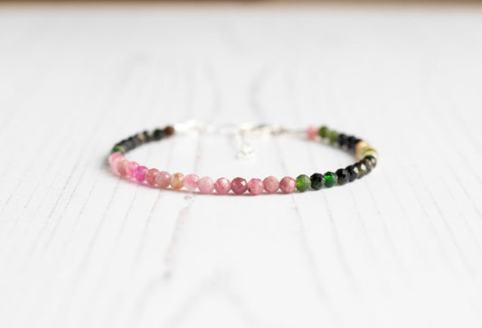 Watermelon Tourmaline Beaded Bracelet in Sterling Silver